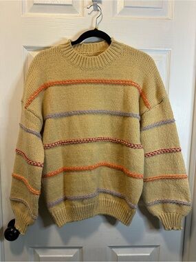 Fisherman’s Knit Sweater Beige With Colorful Textured Stripes Women’s Size Small